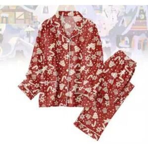 Christmas Pajama Set Red Gingerbread Trees Snowflakes Womens Size M